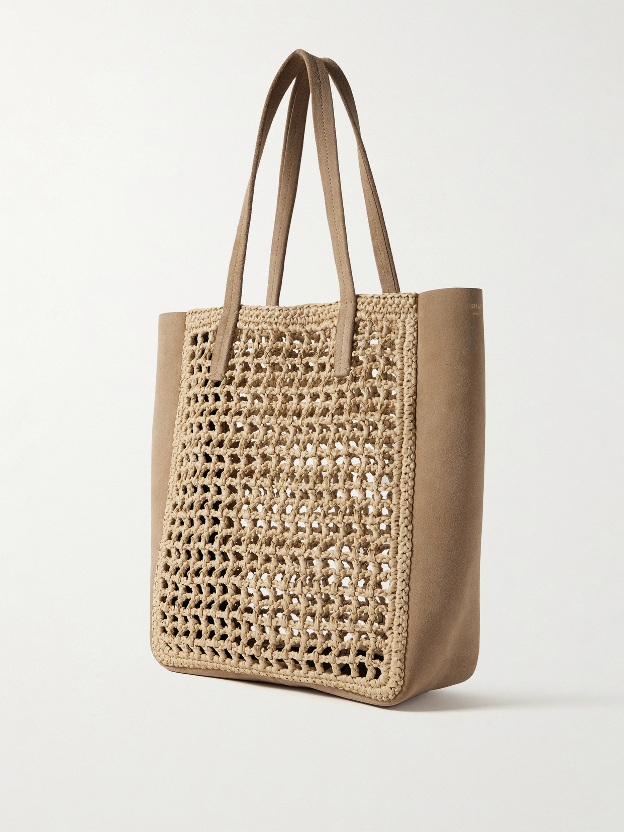 Khaite Zoe Small Suede And Crocheted Raffia Tote