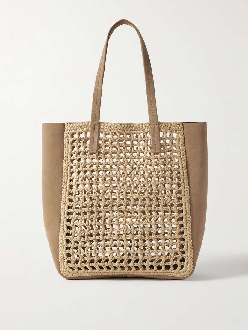Khaite Zoe Small Suede And Crocheted Raffia Tote