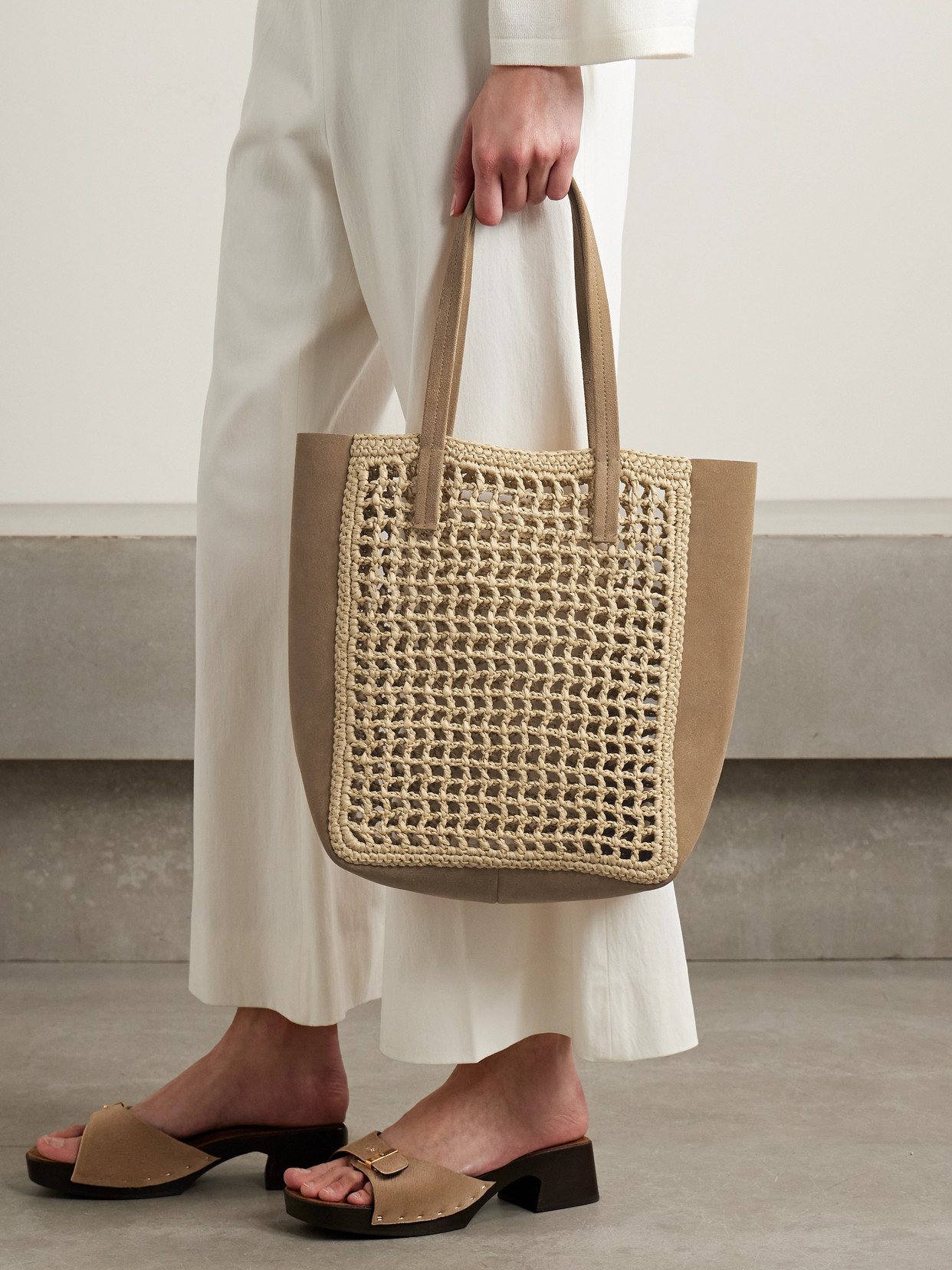 Khaite Zoe Small Suede And Crocheted Raffia Tote