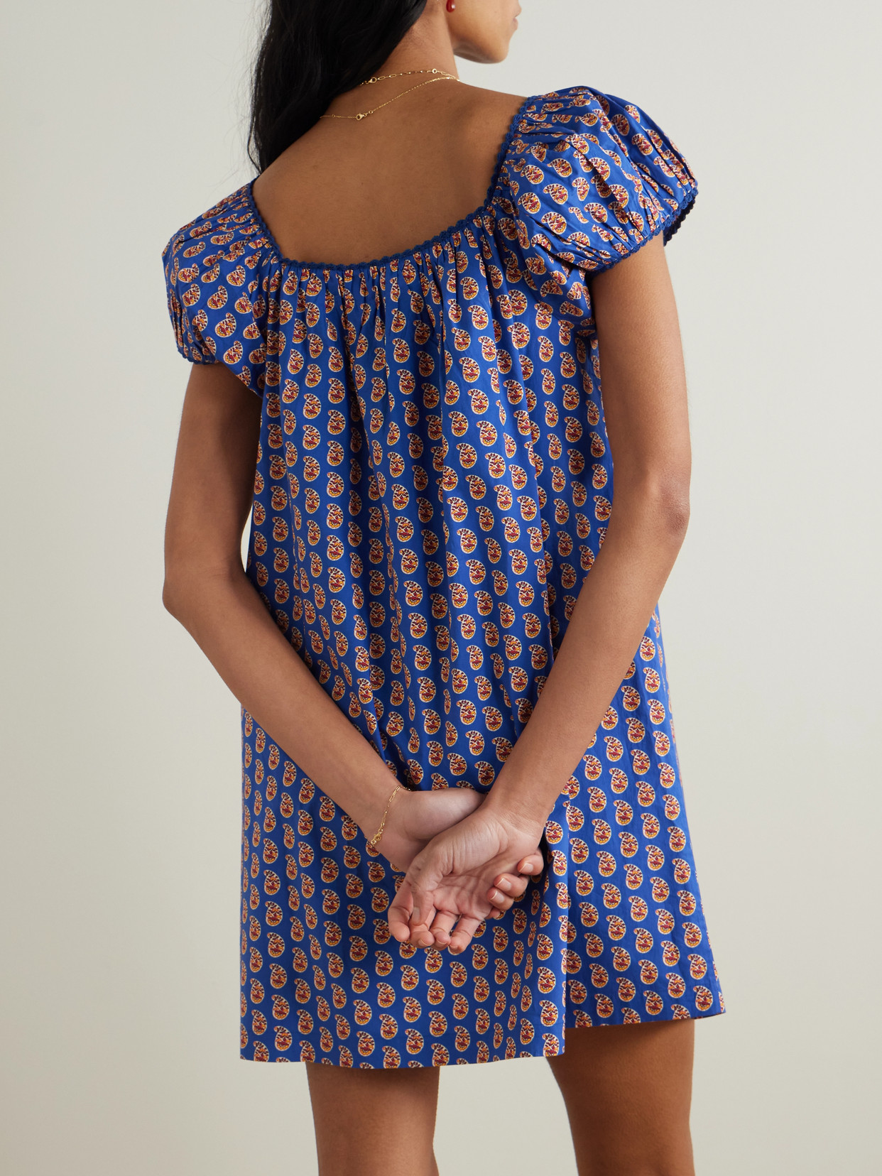 Doen Julie Paisley-print Organic Cotton-poplin Mini Dress In Blue