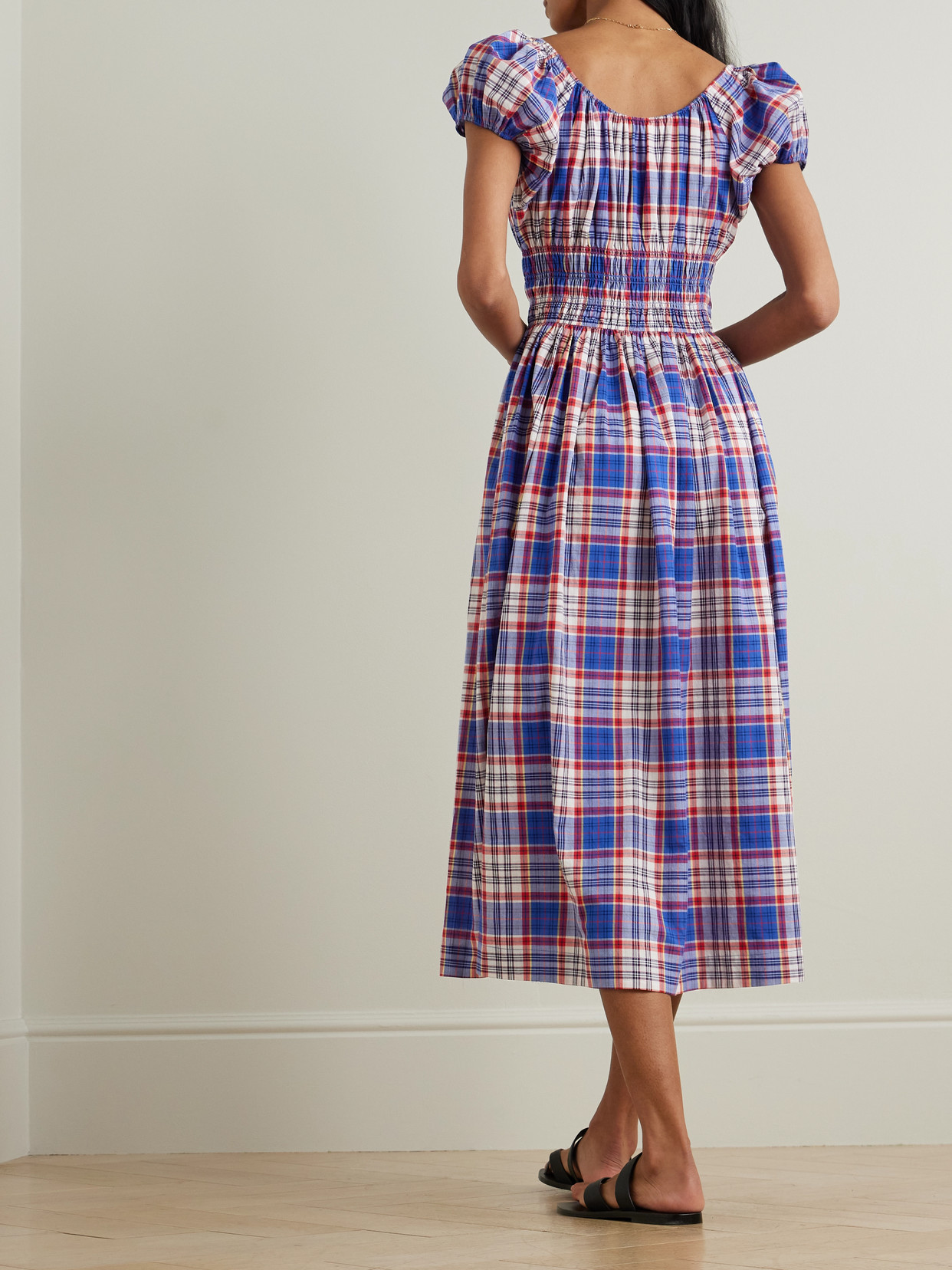 Doen Quinn Checked Tie-detailed Shirred Cotton-poplin Midi Dress In Blue