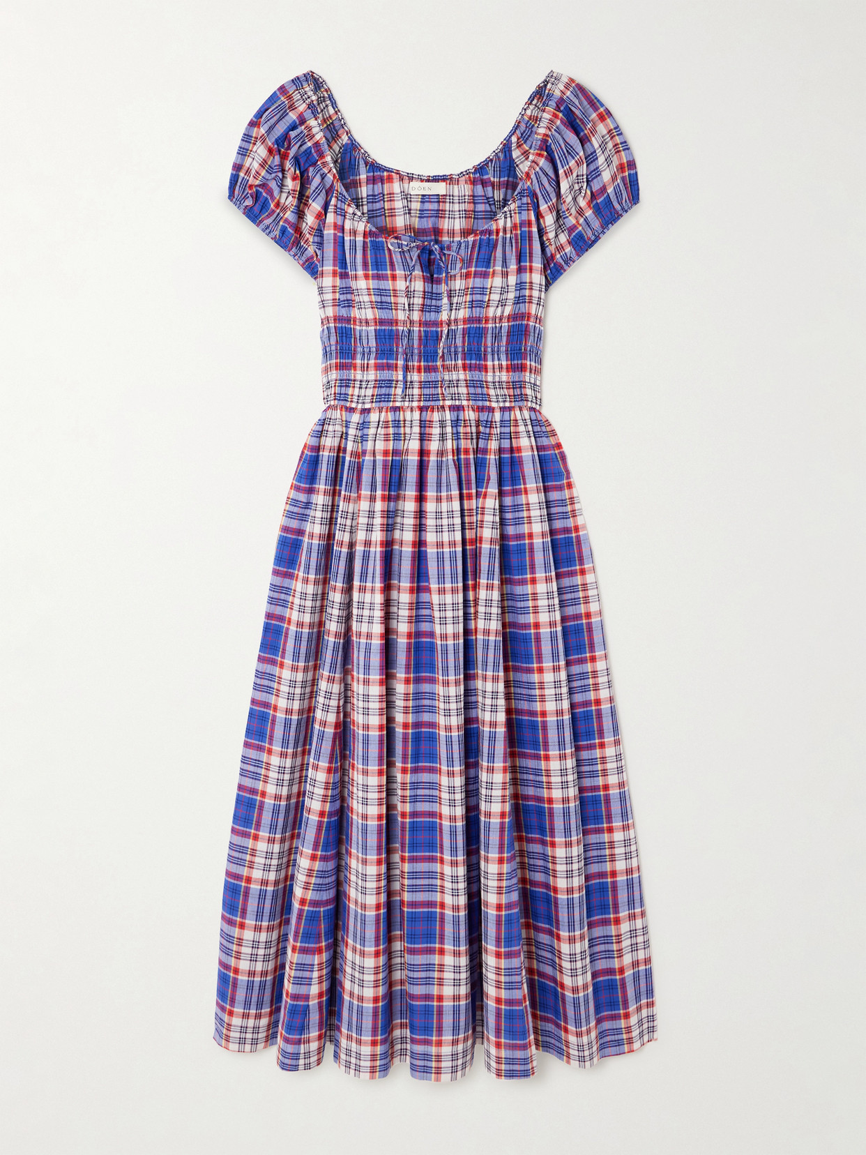 Doen Quinn Checked Tie-detailed Shirred Cotton-poplin Midi Dress In Blue