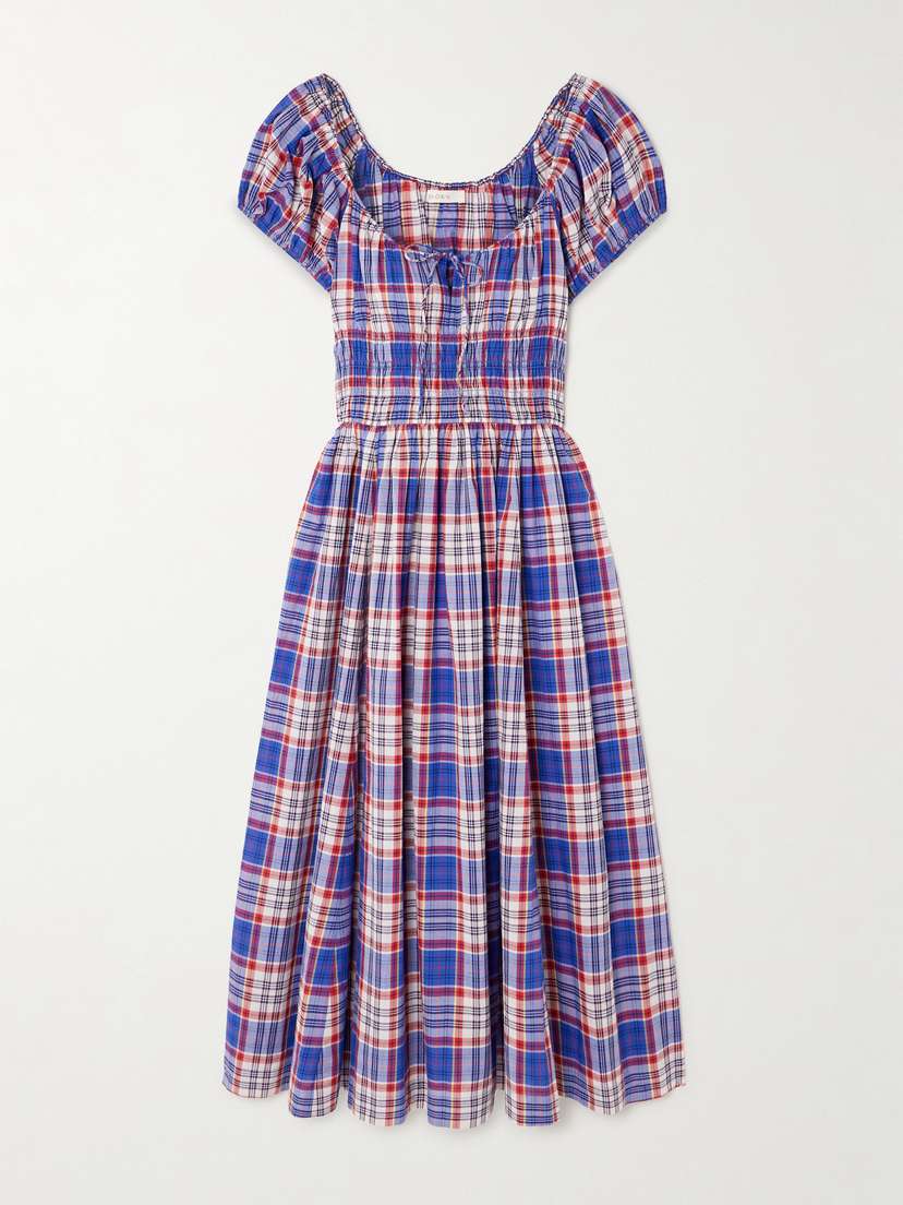 DÔEN Quinn Checked Tie-detailed Shirred Cotton-poplin Midi Dress