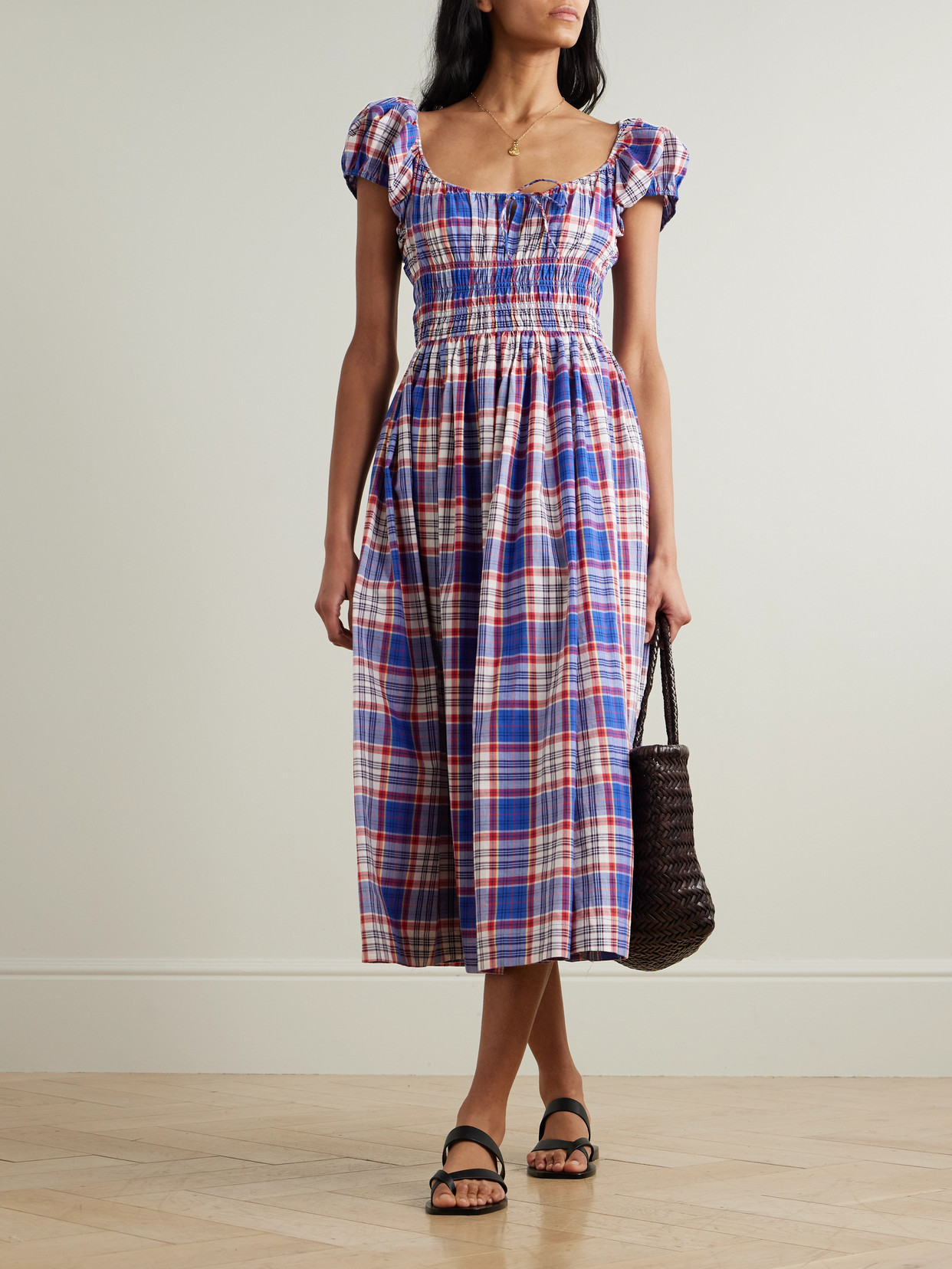 Doen Quinn Checked Tie-detailed Shirred Cotton-poplin Midi Dress In Blue