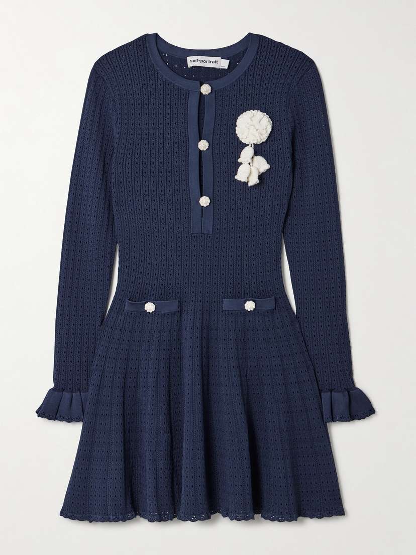 Self-Portrait Embellished Ruffled Pointelle-knit Mini Dress