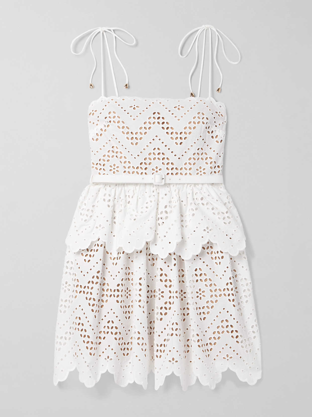 Self-portrait Belted Scalloped Broderie Anglaise Cotton-voile Mini Dress