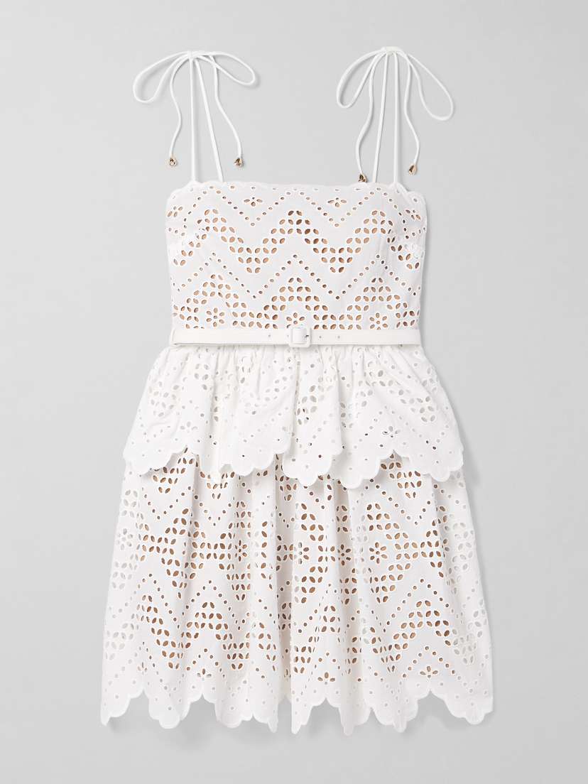 Self-Portrait Belted Scalloped Broderie Anglaise Cotton-voile Mini Dress