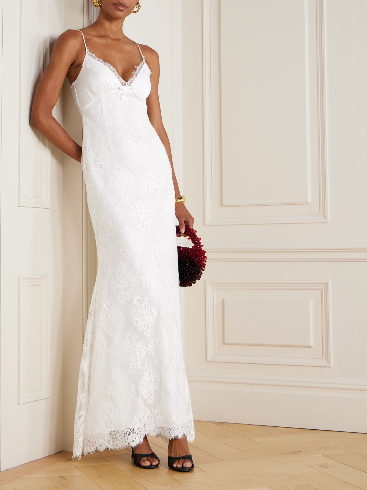 Self-portrait Bow-embellished Cotton-blend And Lace Maxi Dress