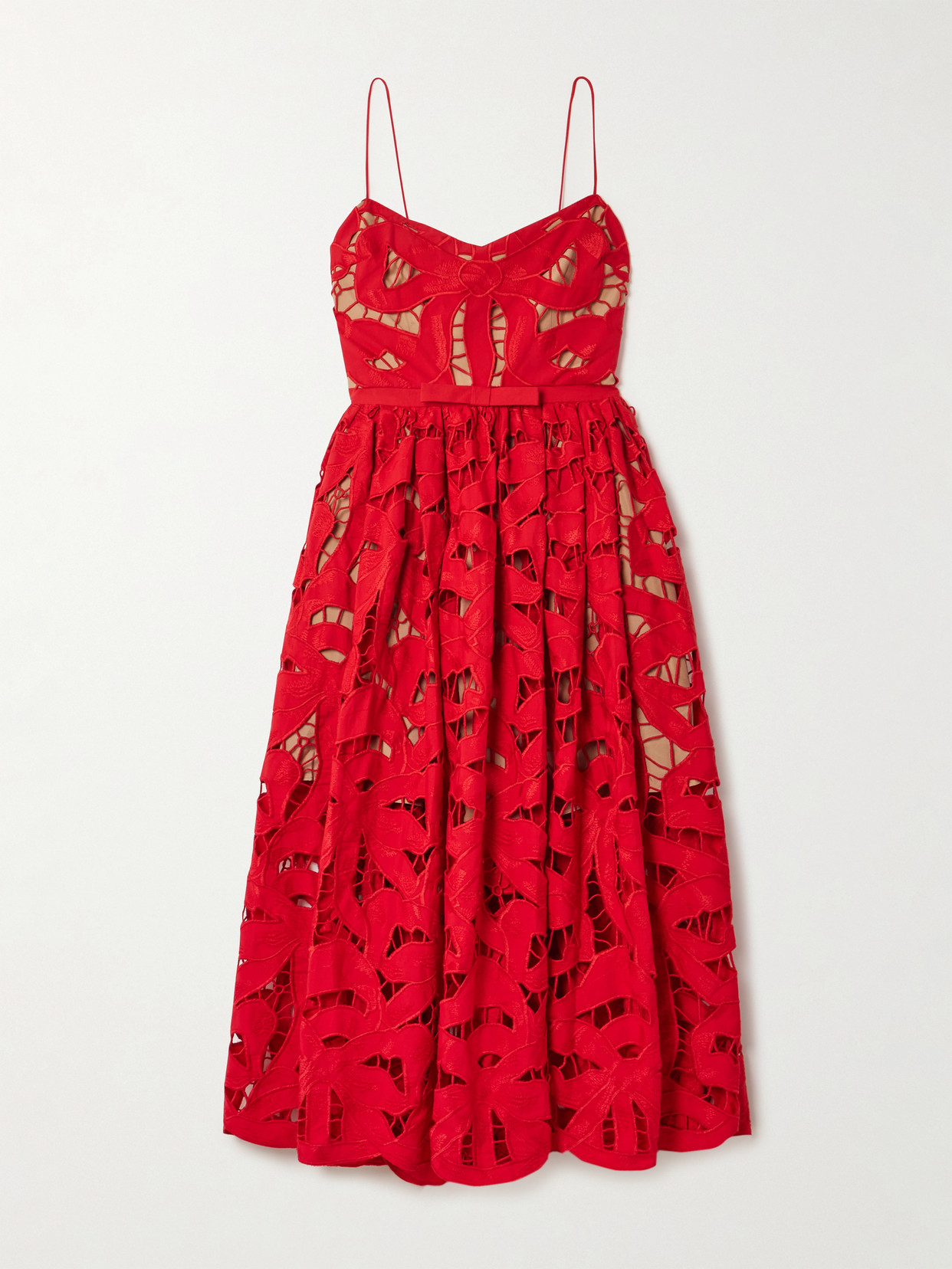Self-portrait Bow-detailed Cotton-guipure Lace Midi Dress In Red