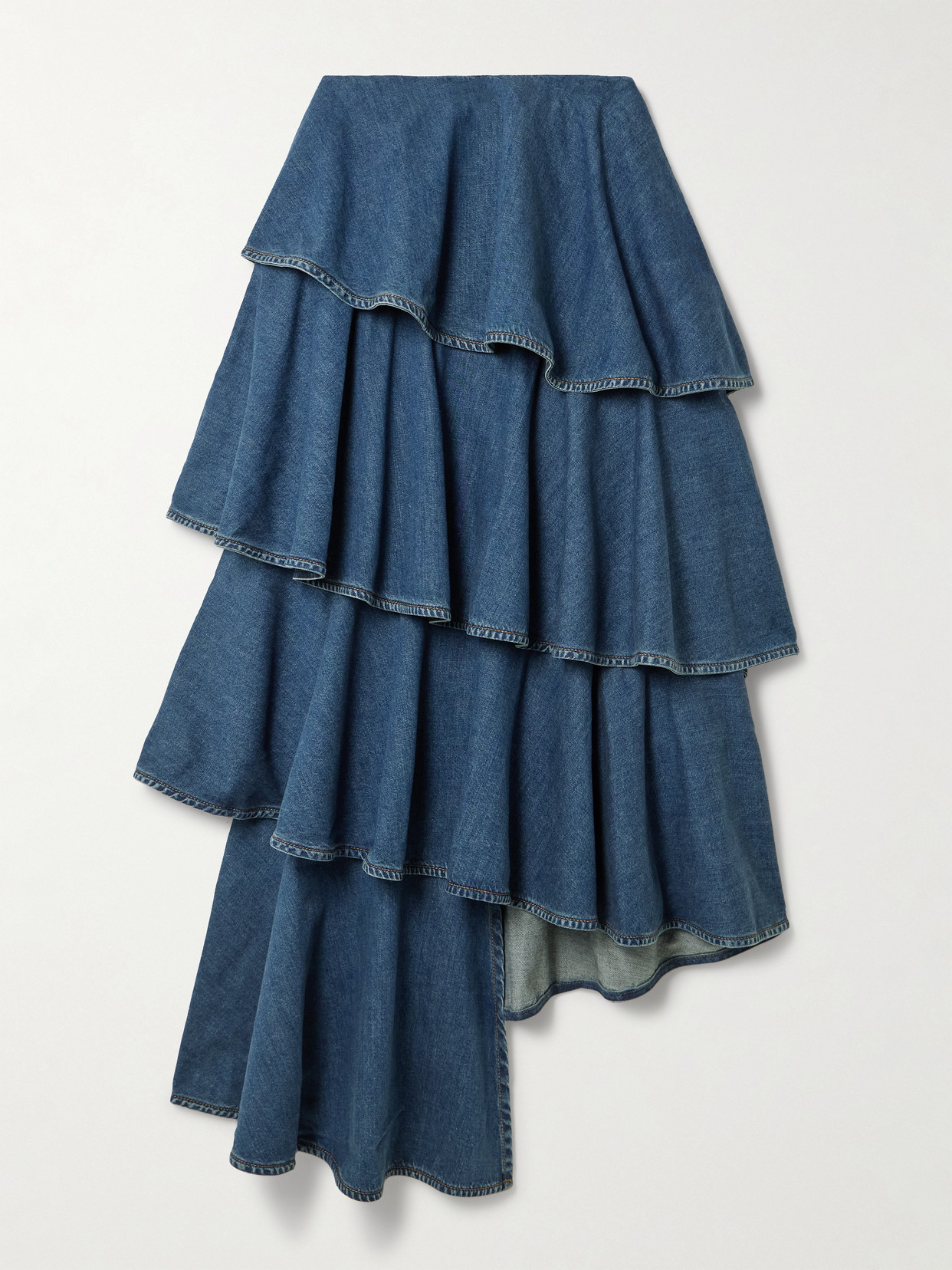Alaïa Asymmetric Ruffled Tiered Denim Skirt In Blue