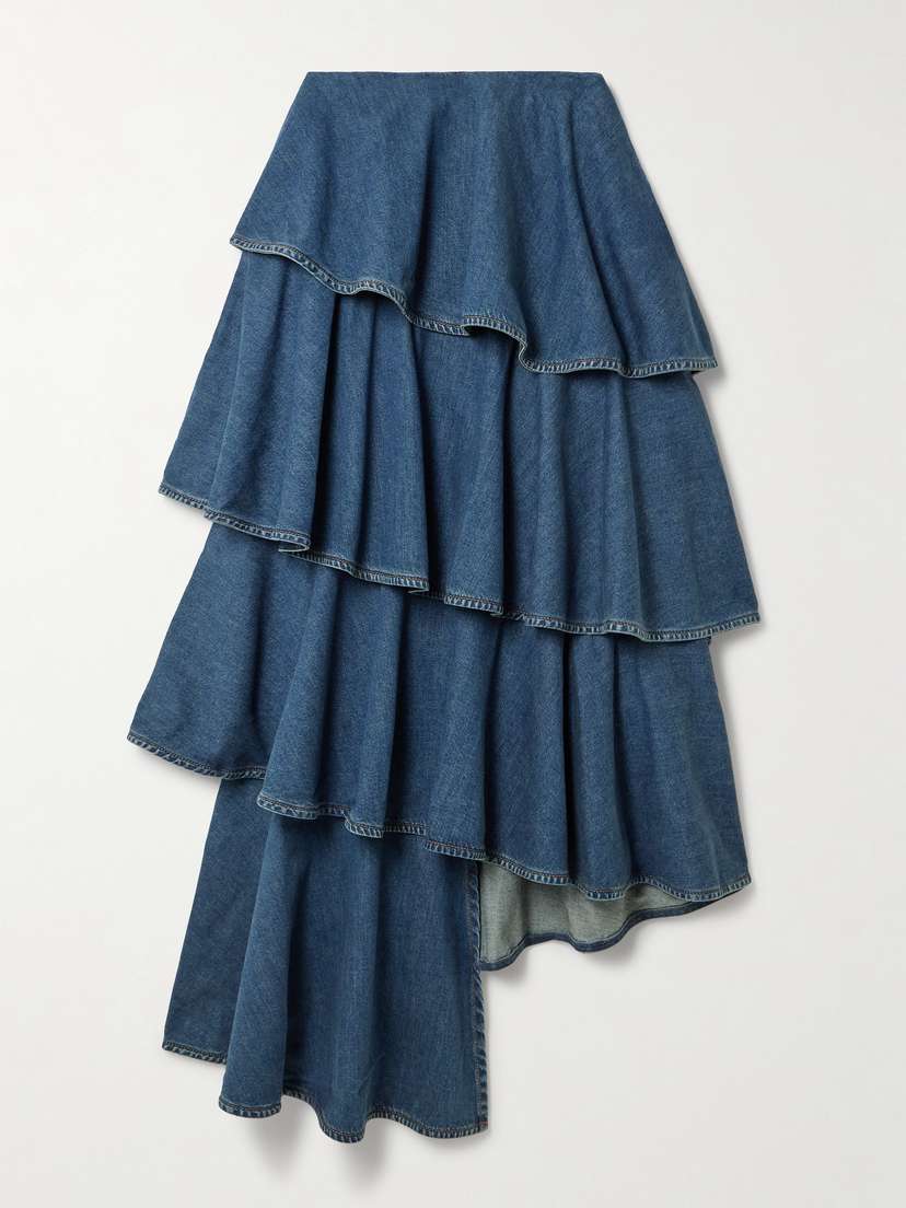 Alaïa Asymmetric Ruffled Tiered Denim Skirt