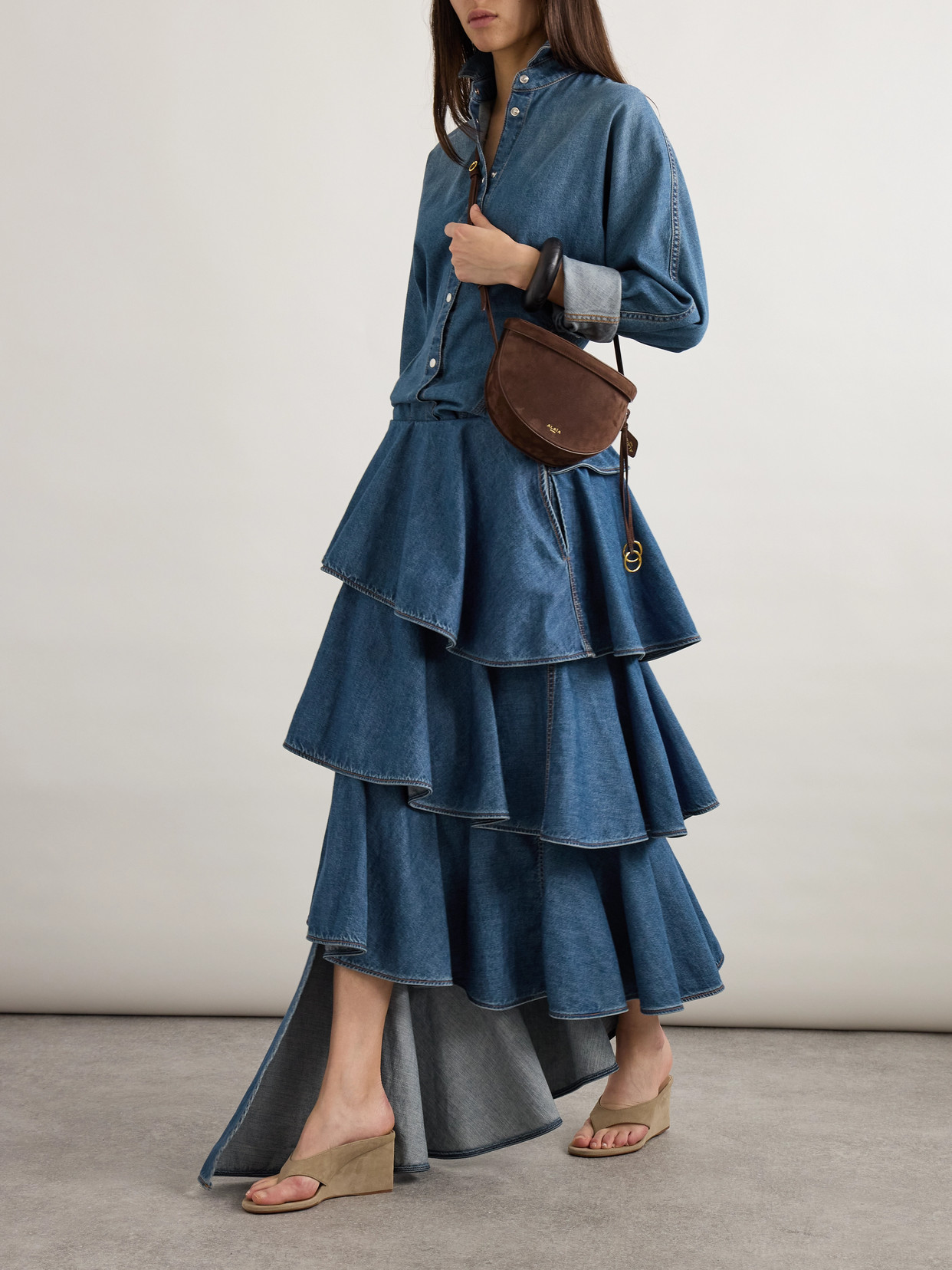 Alaïa Asymmetric Ruffled Tiered Denim Skirt In Blue