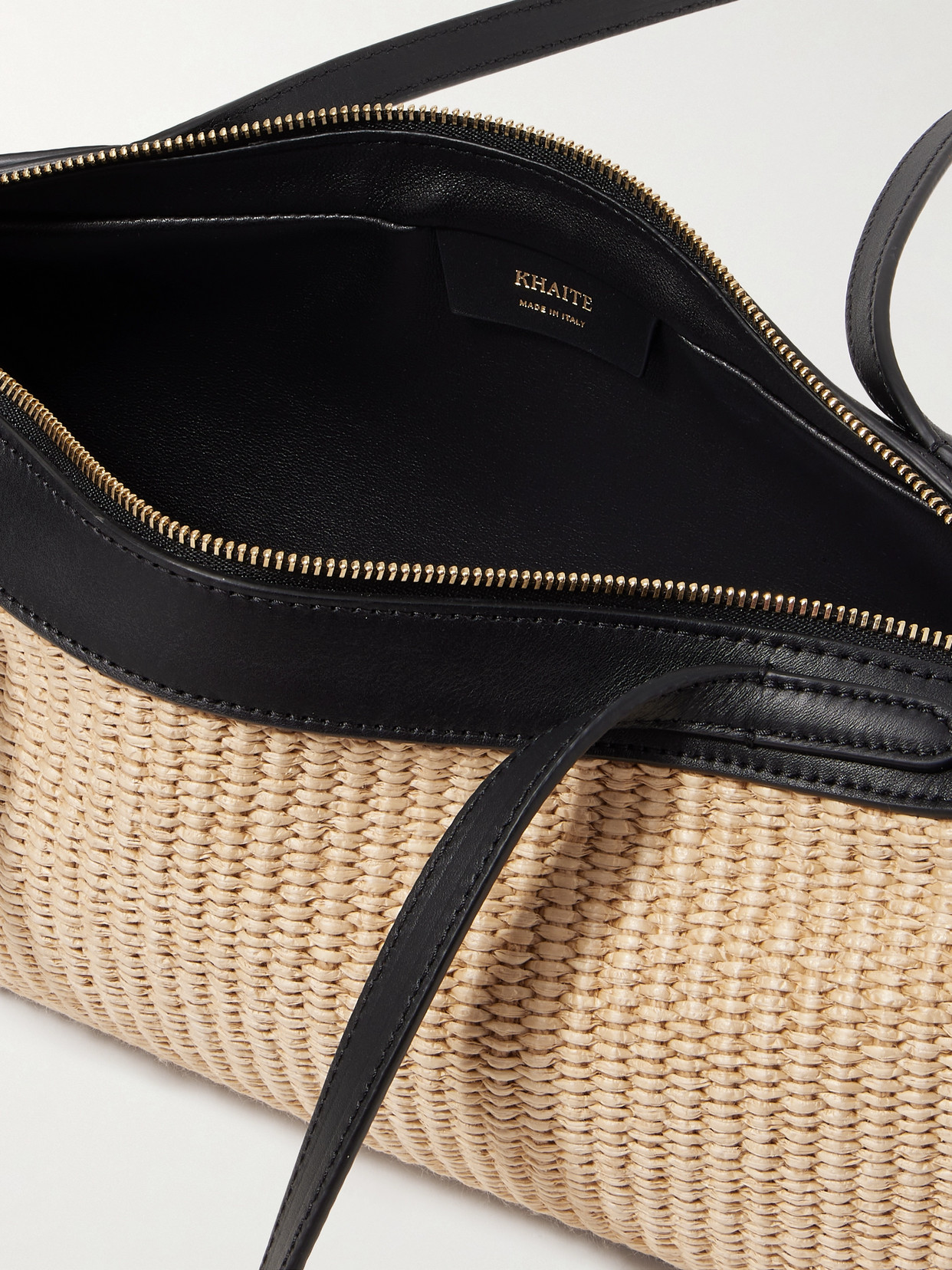 KHAITE SIMONA LEATHER-TRIMMED RAFFIA SHOULDER BAG