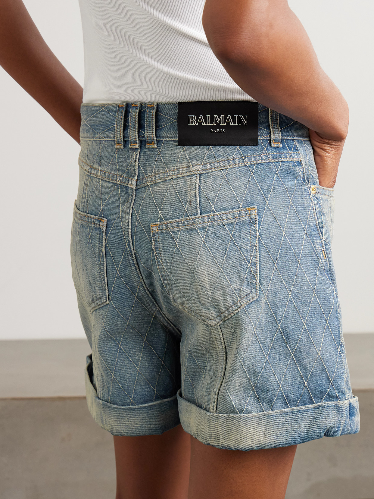 Balmain Embroidered Denim Shorts In Blue