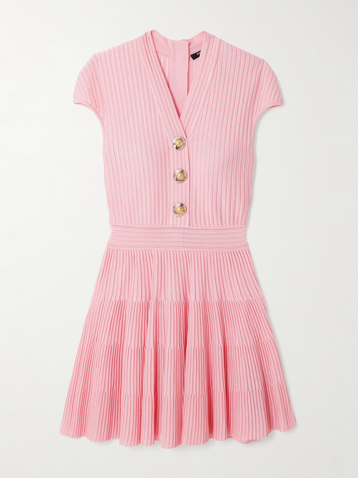Balmain Button-embellished Ribbed-knit Mini Dress In Pink