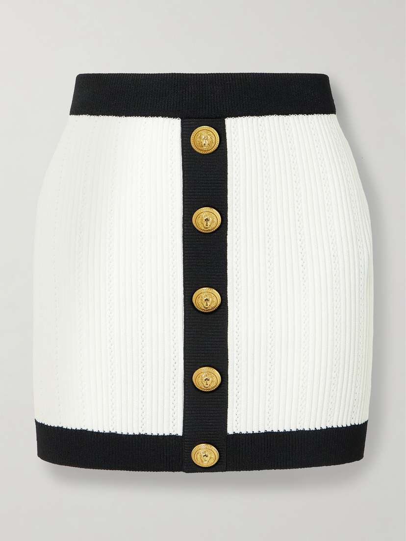 Balmain Button-embellished Two-tone Ribbed-knit Mini Skirt