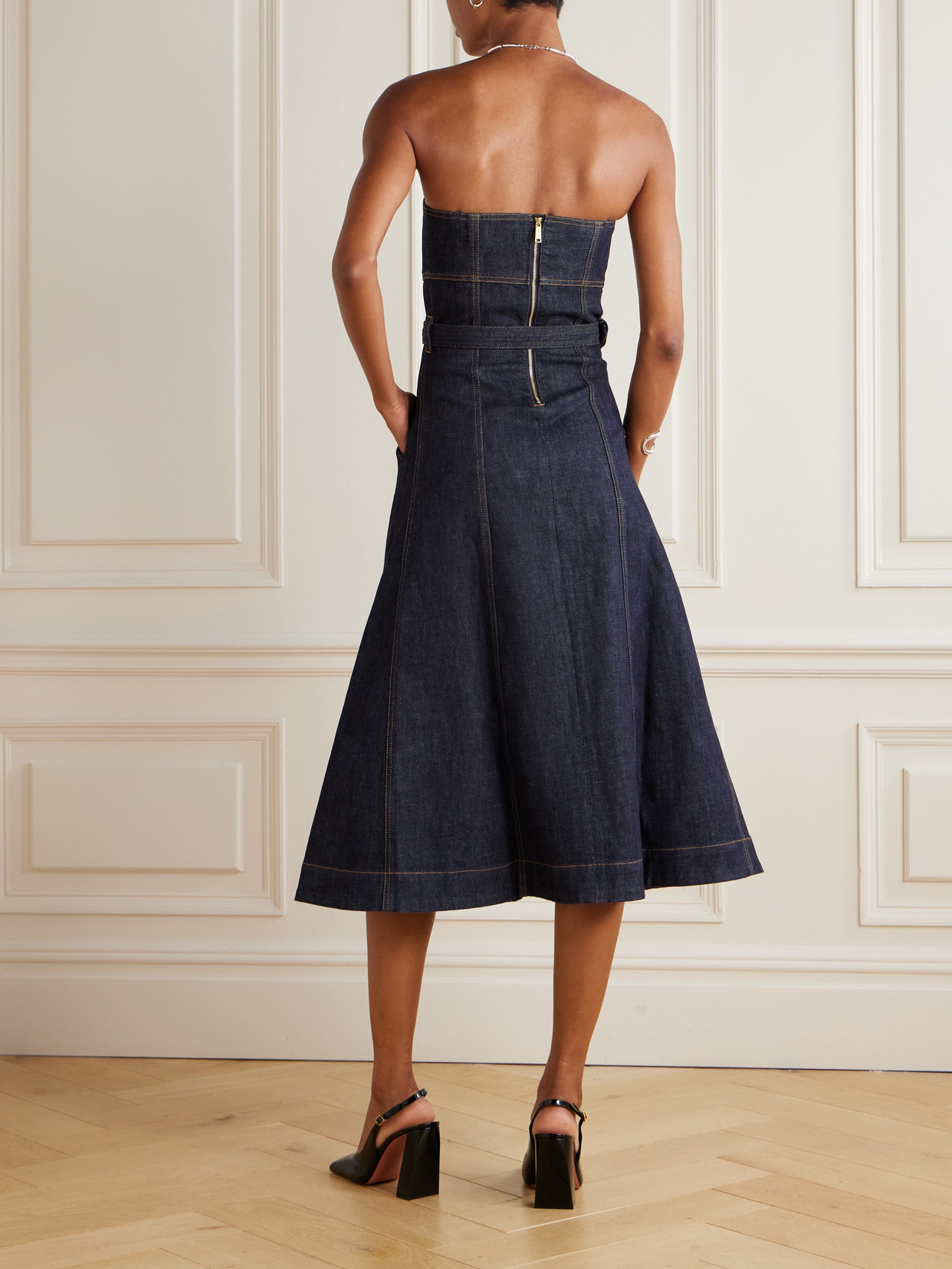 Self-portrait Strapless Belted Paneled Denim Midi Dress