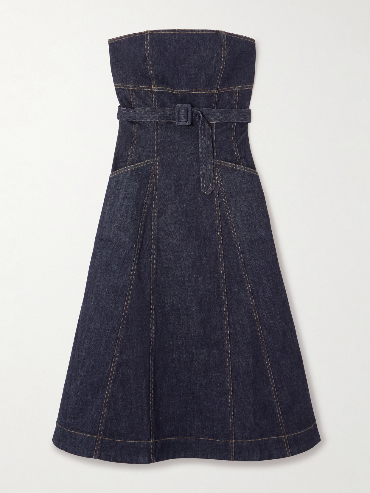 Self-portrait Strapless Belted Paneled Denim Midi Dress
