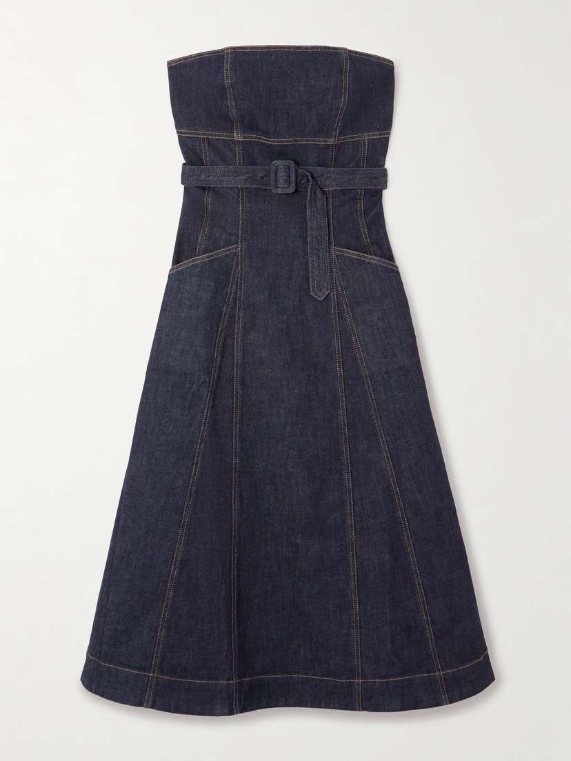 Self-Portrait Strapless Belted Paneled Denim Midi Dress