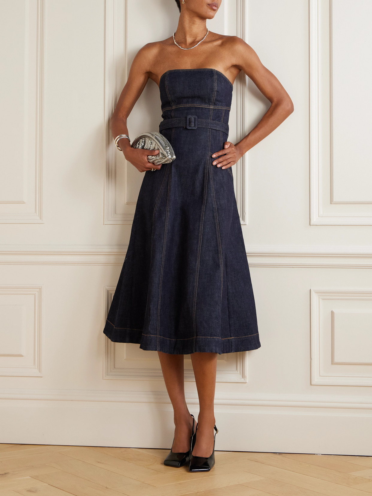Self-portrait Strapless Belted Paneled Denim Midi Dress