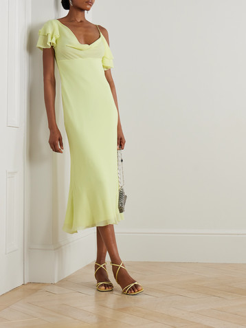 self-portrait Asymmetric ruffled draped georgette midi dress