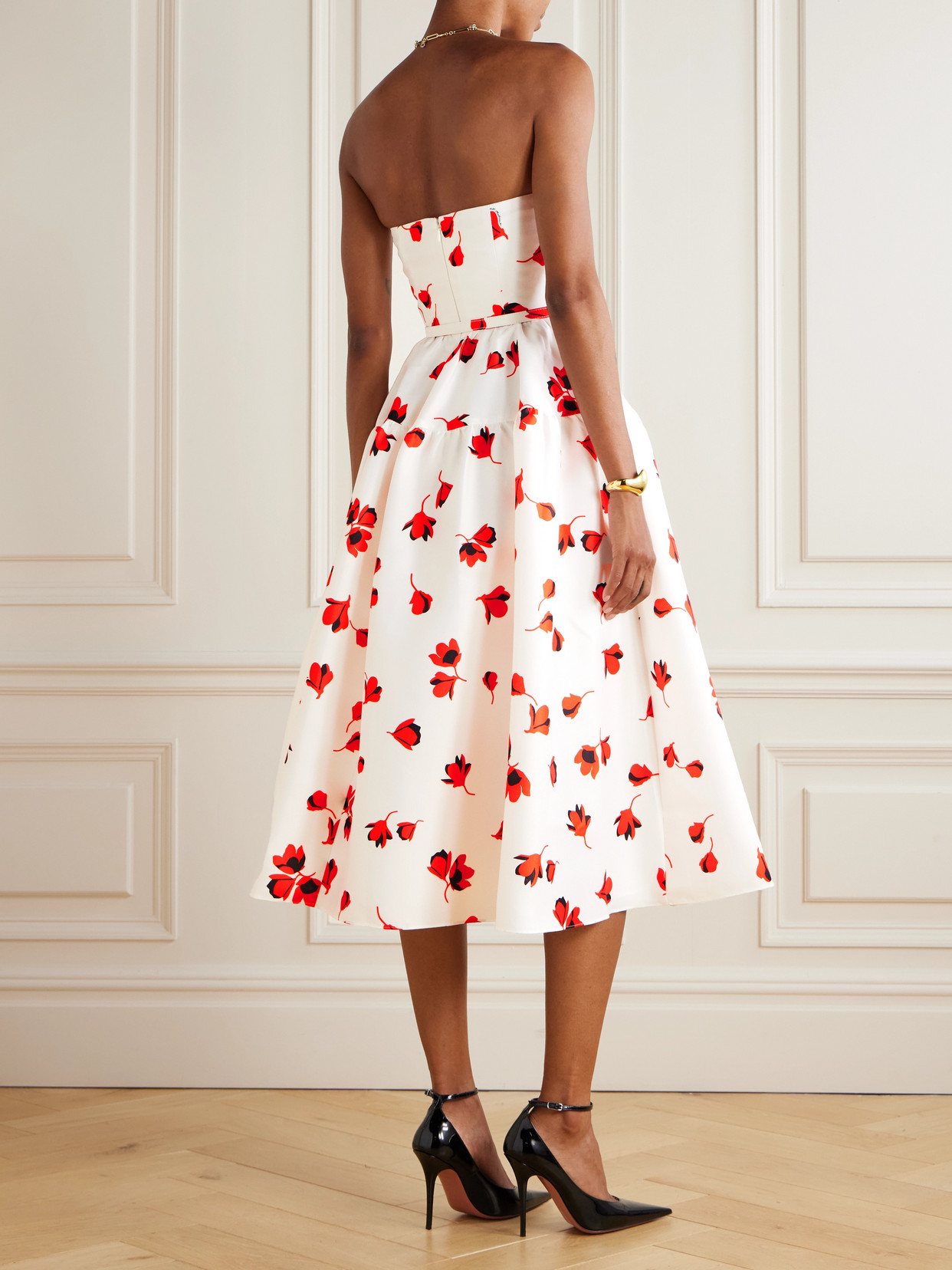 Self-portrait Strapless Belted Ruched Floral-print Taffeta Midi Dress