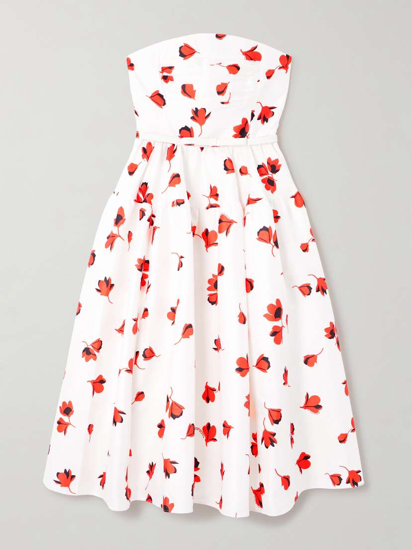 Self-Portrait Strapless Belted Ruched Floral-print Taffeta Midi Dress