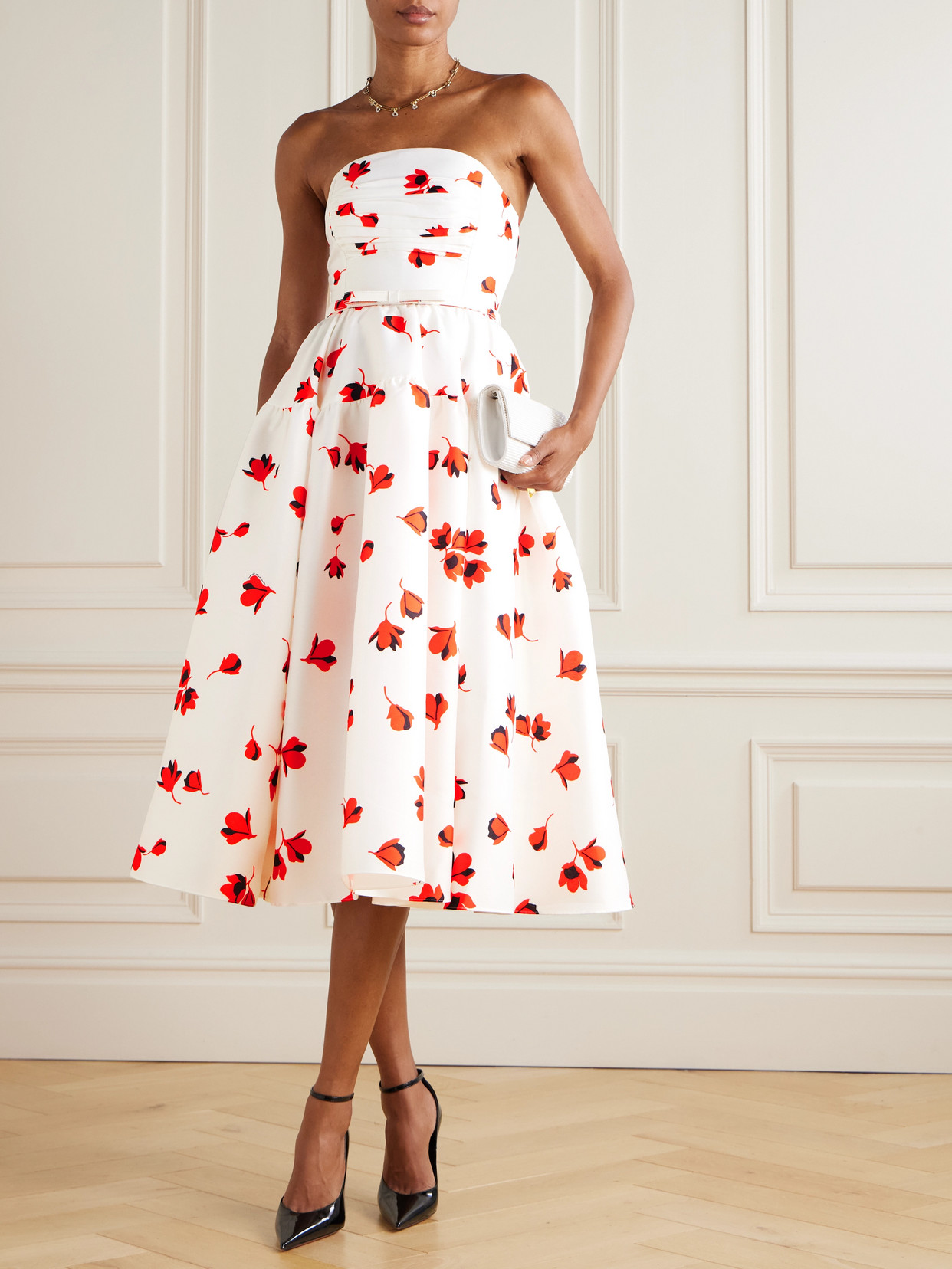Self-portrait Strapless Belted Ruched Floral-print Taffeta Midi Dress