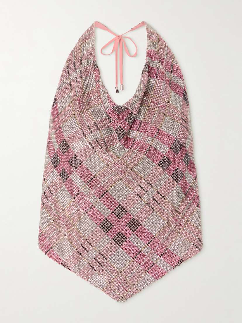 Self-Portrait Checked Crystal And Chainmail-embellished Faille Halterneck Top