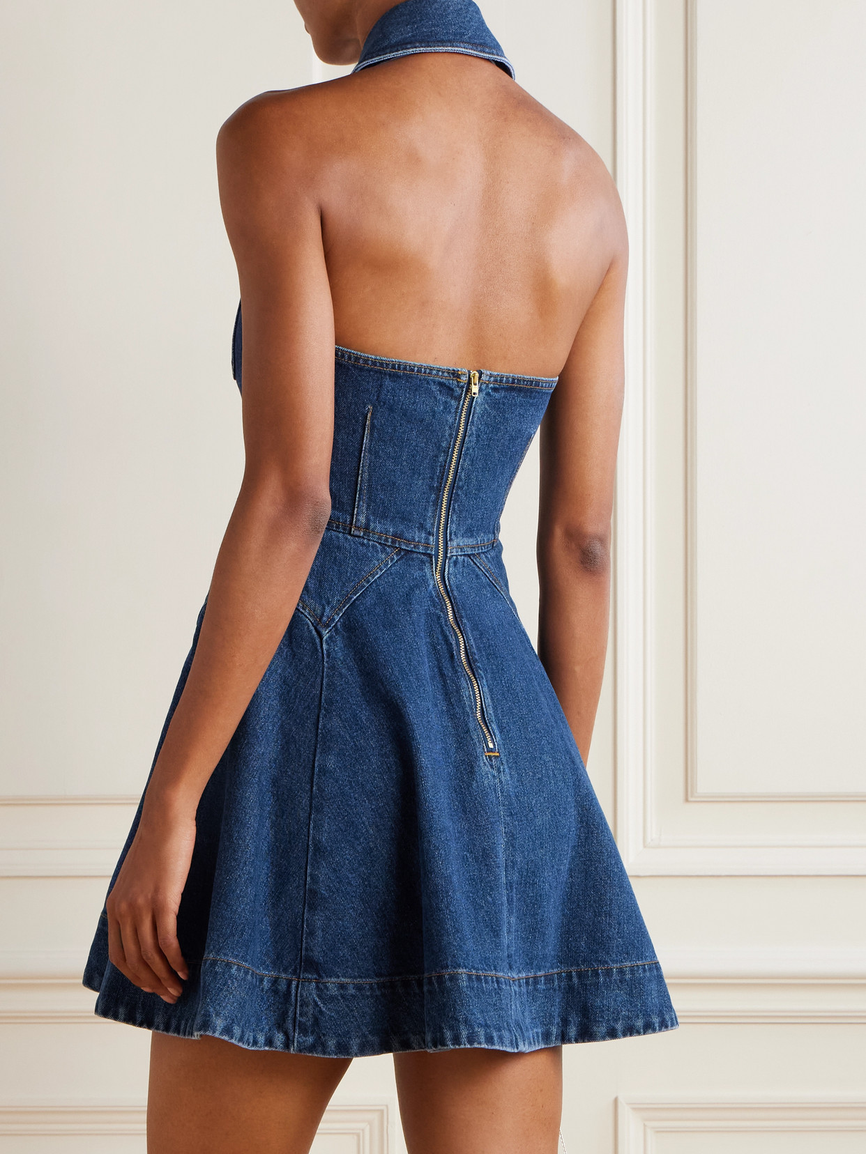 Self-portrait Blue Cotton Denim Flared Mini Dress