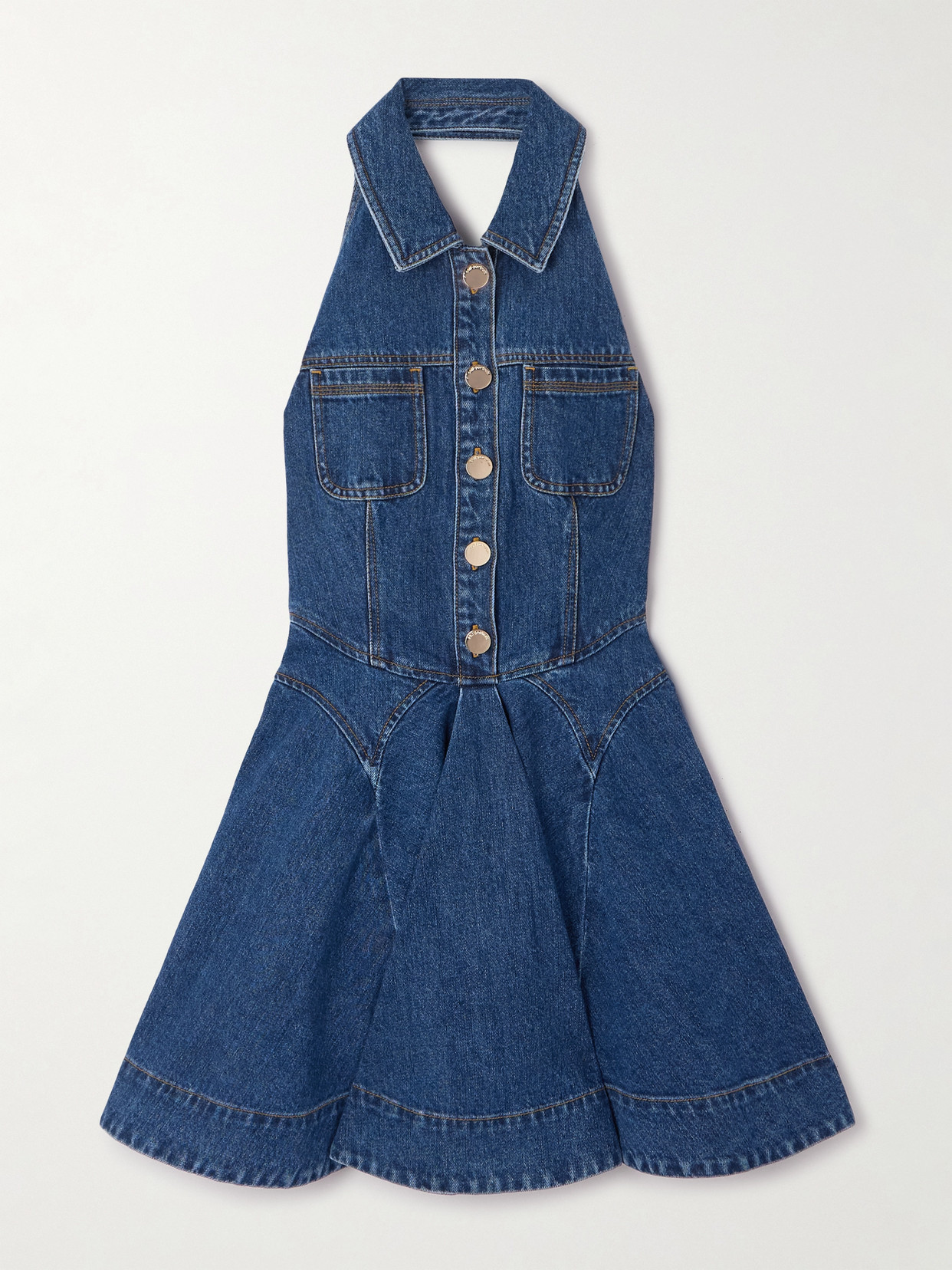 Self-portrait Paneled Denim Halterneck Mini Dress