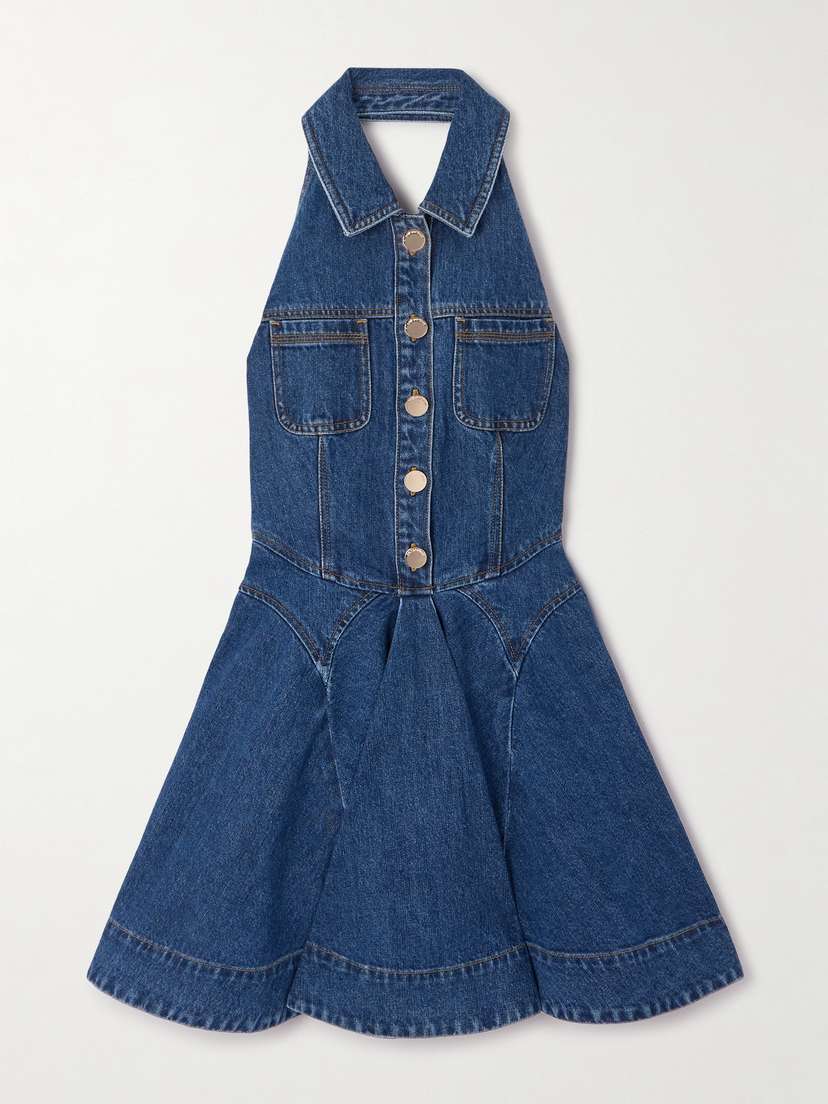 Self-Portrait Paneled Denim Halterneck Mini Dress