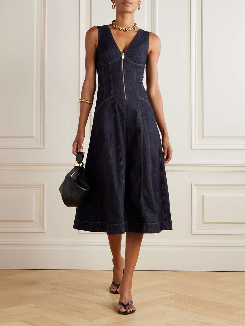 blue grey midi dress Blue Haven Striped Midi Dress S / Denim