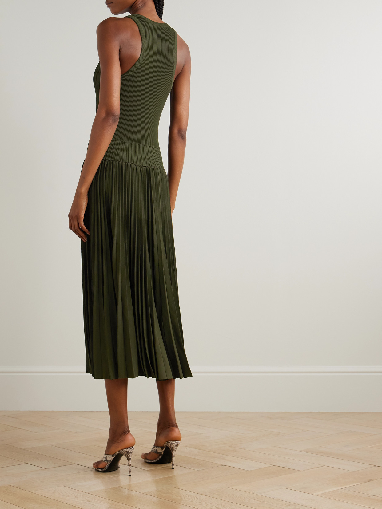 Alaïa Pleated Pointelle-trimmed Ribbed-knit Midi Dress