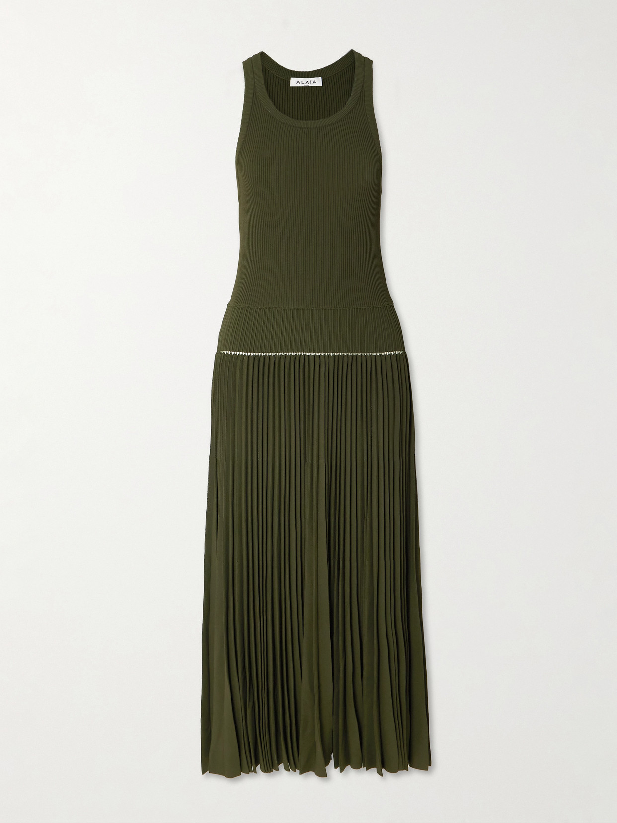 Alaïa Pleated Pointelle-trimmed Ribbed-knit Midi Dress In Green
