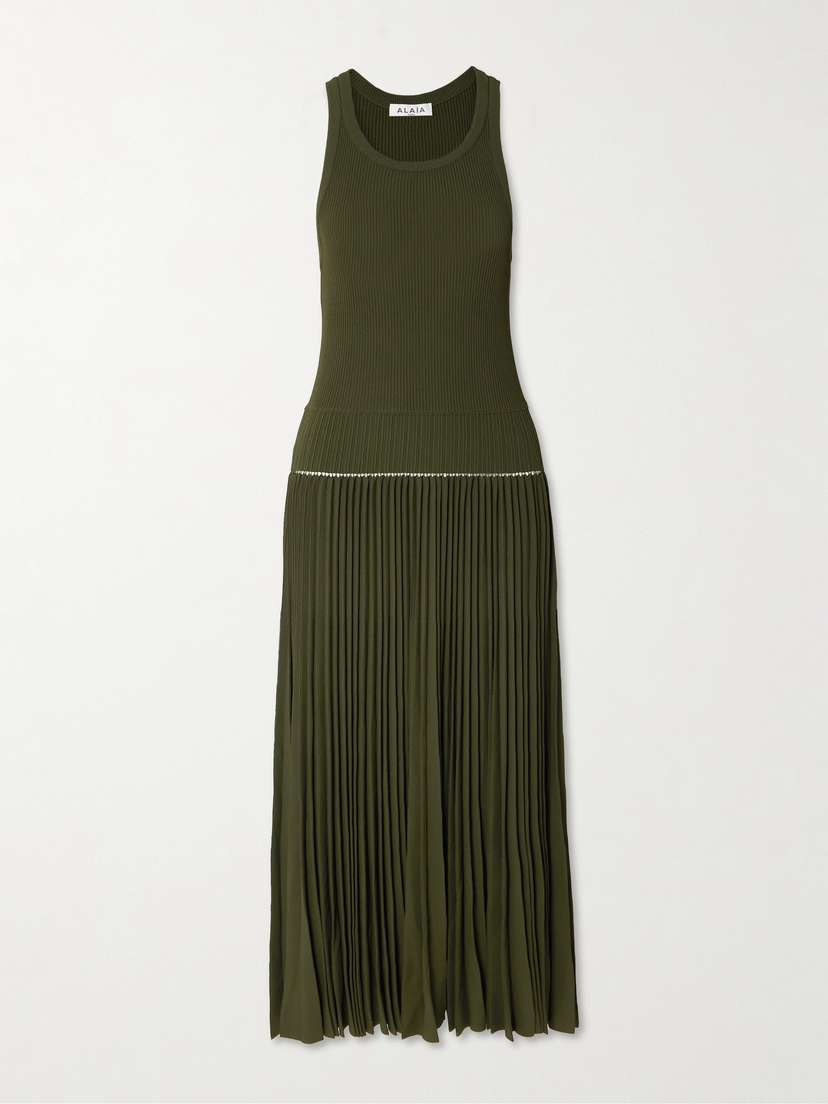 Alaïa Pleated Pointelle-trimmed Ribbed-knit Midi Dress
