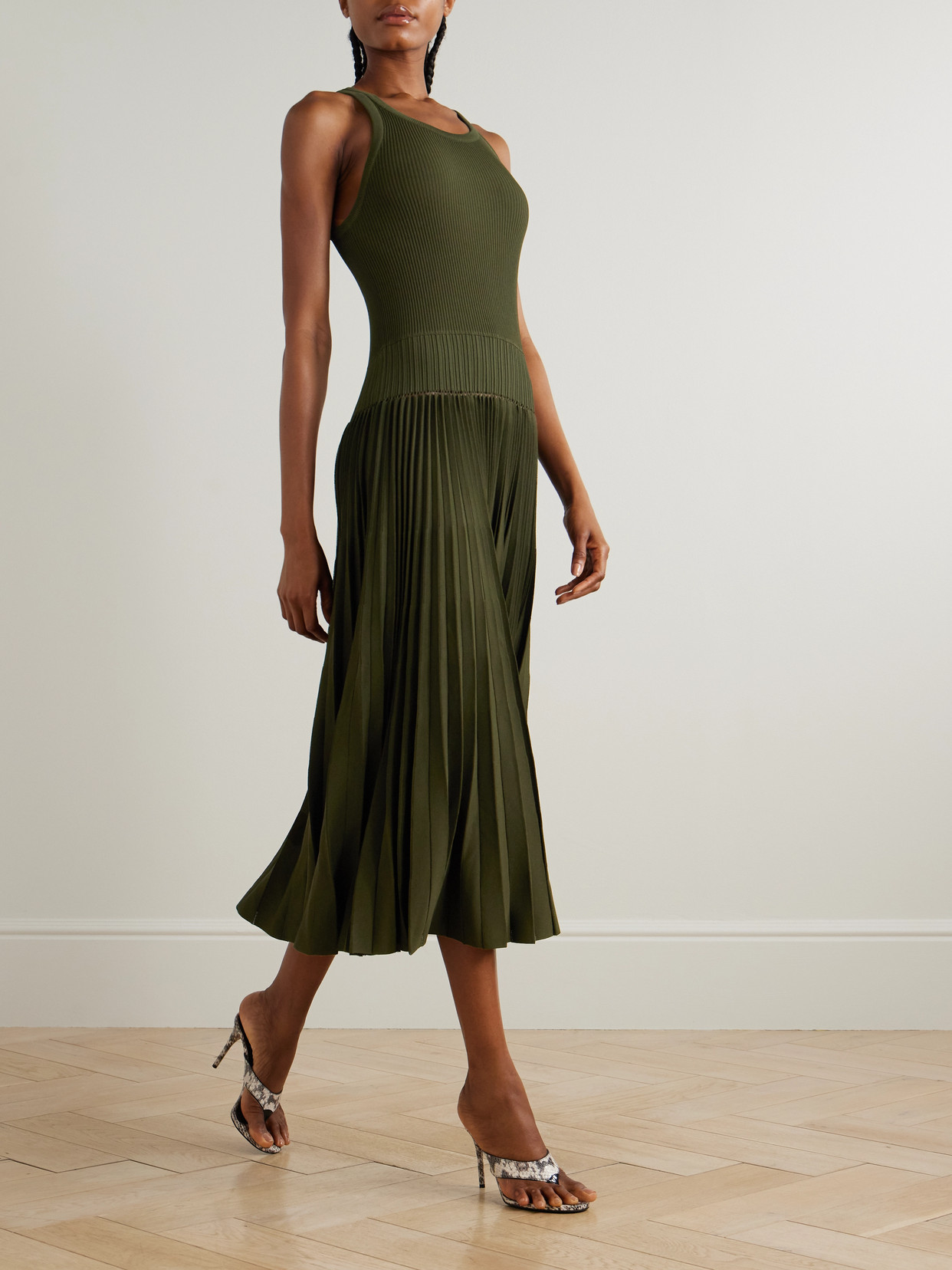 Alaïa Pleated Pointelle-trimmed Ribbed-knit Midi Dress