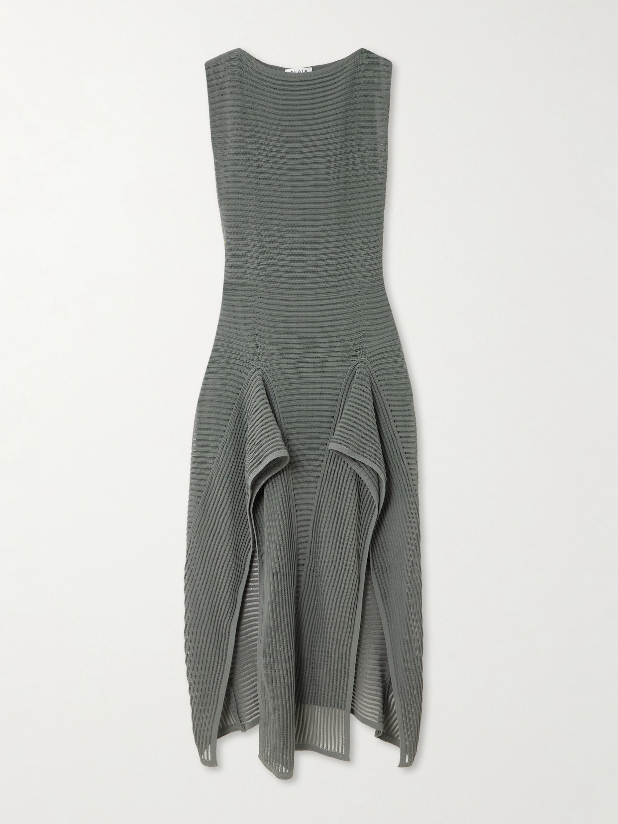 Alaïa Ruffled Ribbed Open-knit Cotton-blend Midi Dress In Gray
