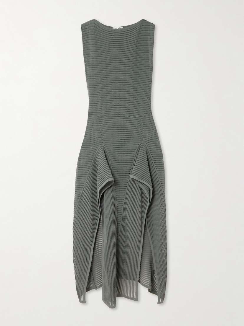 Alaïa Ruffled Ribbed Open-knit Cotton-blend Midi Dress