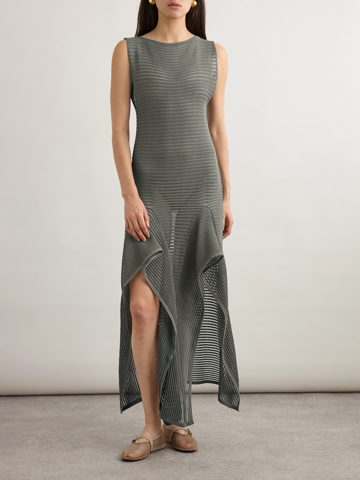 Alaïa Ruffled Ribbed Open-knit Cotton-blend Midi Dress In Gray