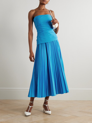 SIMKHAI Arie strapless gathered pleated cotton-blend poplin midi dress