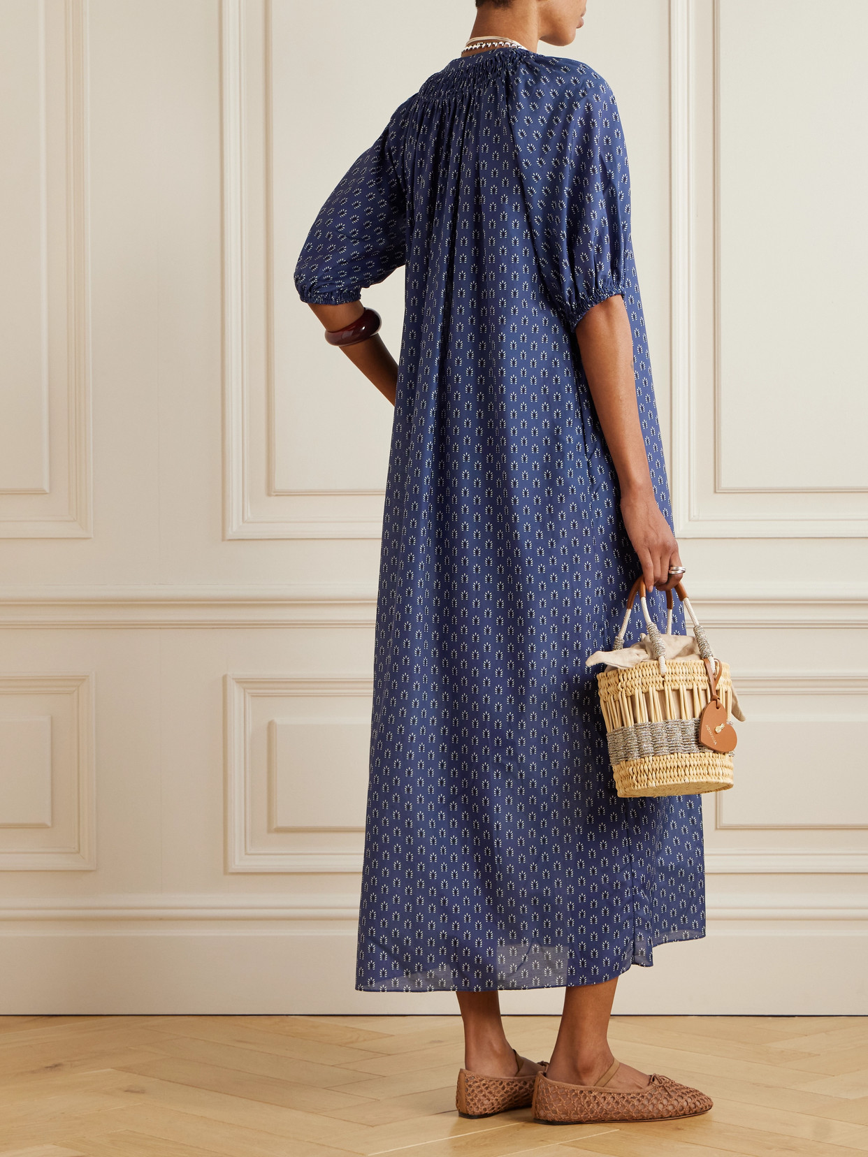 Matteau Gathered Printed Organic Cotton And Silk-blend Maxi Dress In Blue