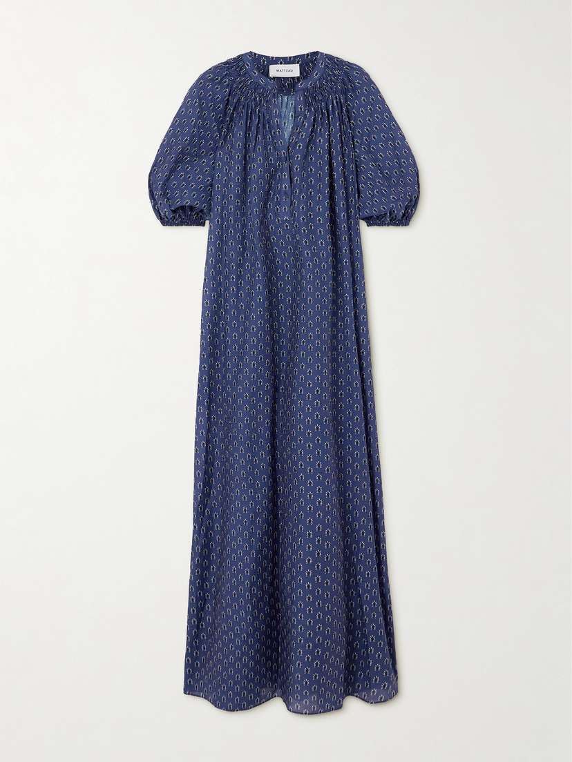 Matteau Gathered Printed Organic Cotton And Silk-blend Maxi Dress