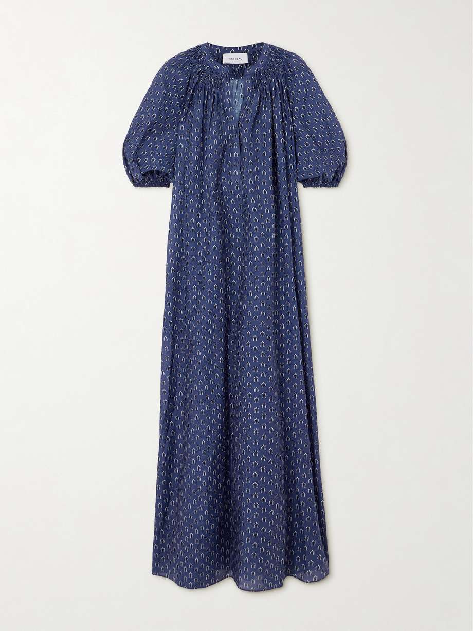 gathered printed organic cotton and silk-blend maxi dress