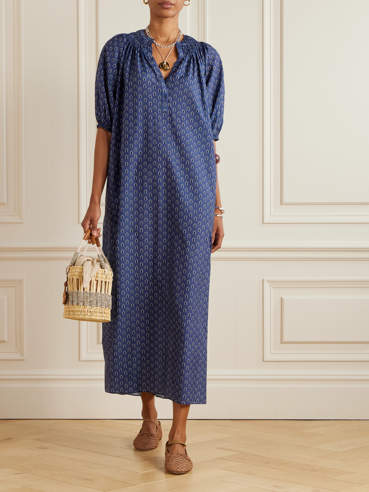 Matteau Gathered Printed Organic Cotton And Silk-blend Maxi Dress In Blue