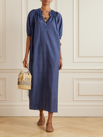 Matteau Gathered printed organic cotton and silk-blend maxi dress