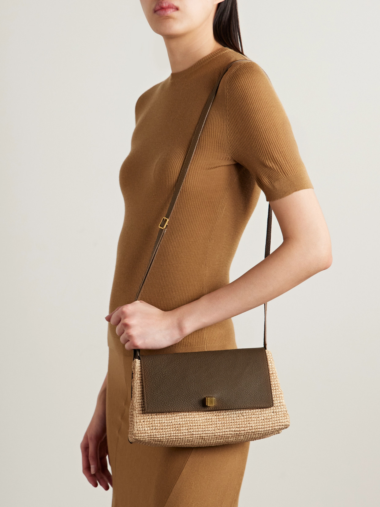 KHAITE AUDREY RAFFIA AND TEXTURED-LEATHER SHOULDER BAG