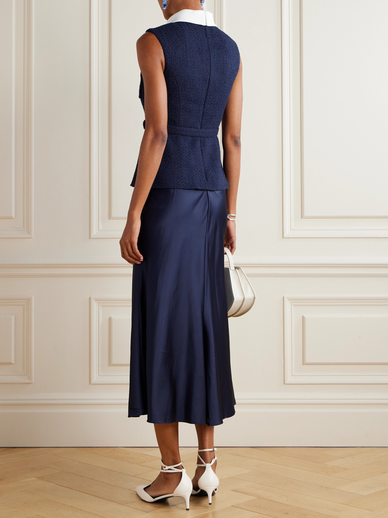 Self-portrait Belted Crepe-trimmed Bouclé And Satin Midi Dress