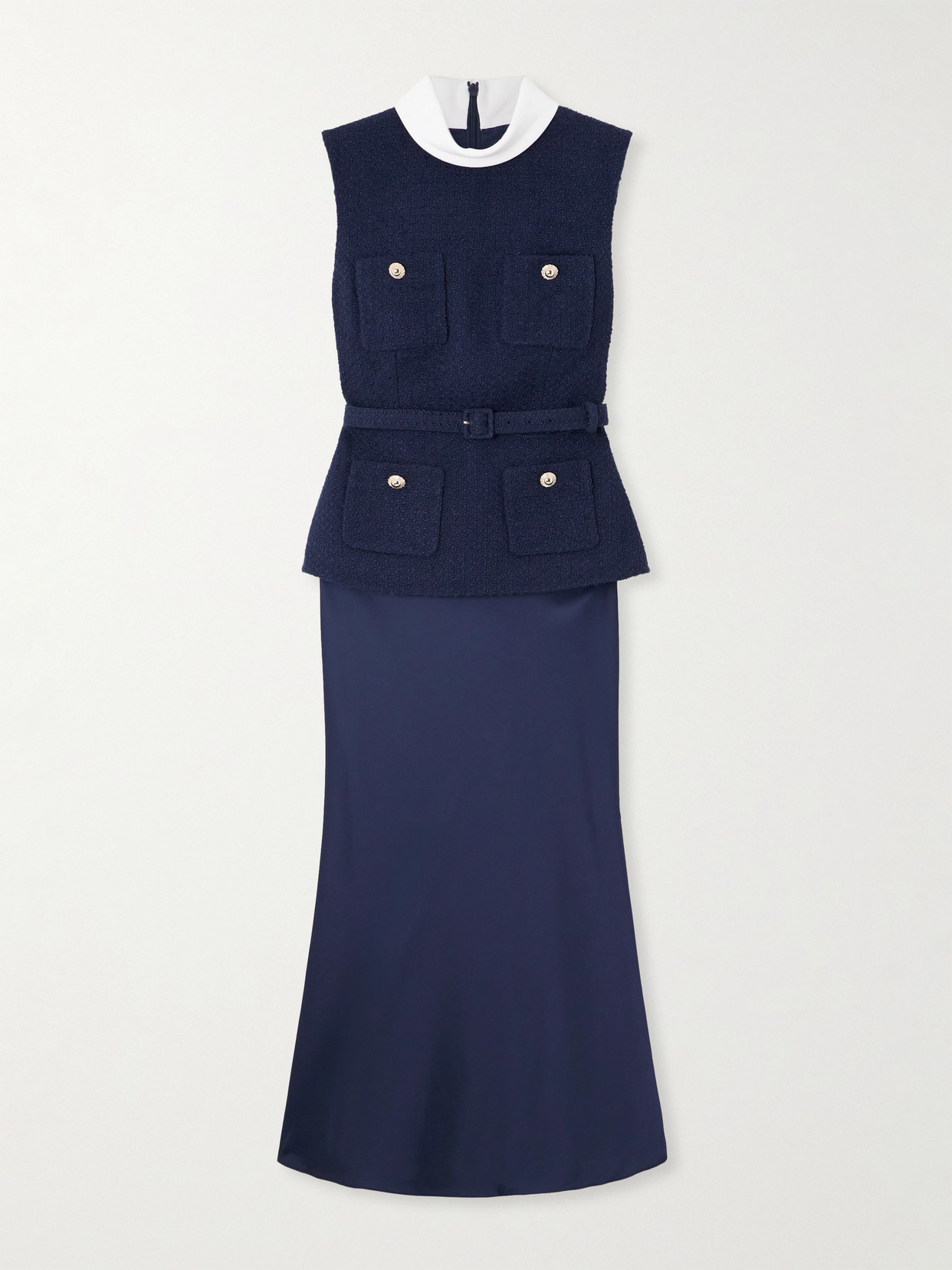 Self-portrait Belted Crepe-trimmed Bouclé And Satin Midi Dress