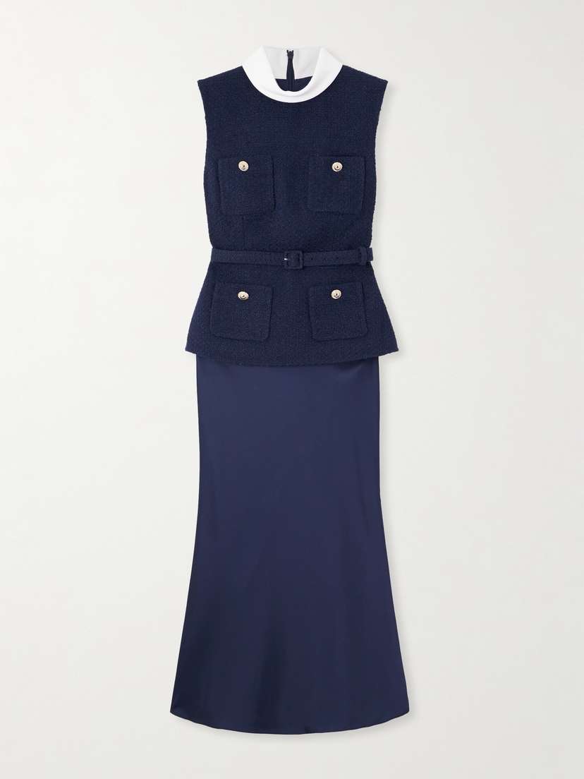 Self-Portrait Belted Crepe-trimmed Bouclé And Satin Midi Dress